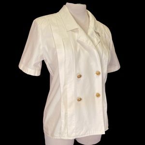 White Short Sleeve Double Breasted Pleated Front Vintage Blouse